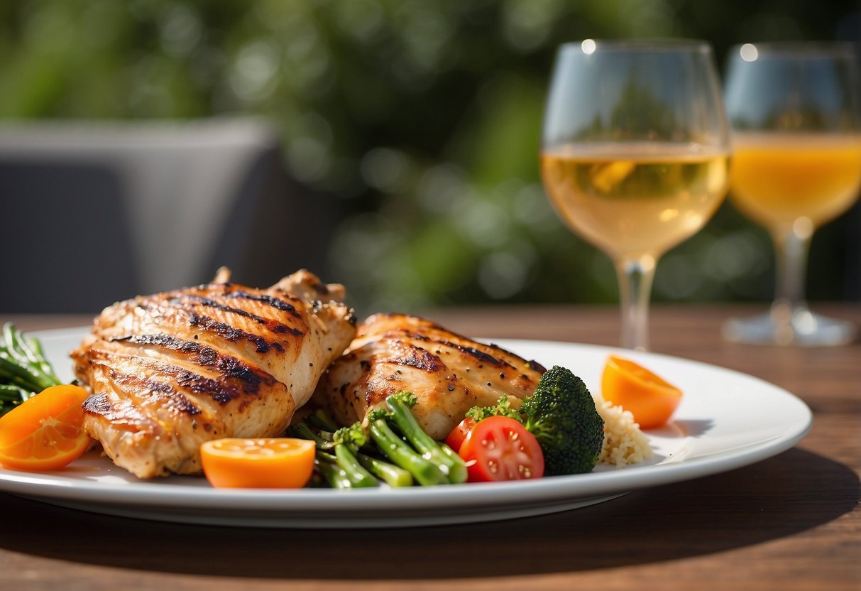 A plate of grilled chicken, quinoa, and steamed vegetables sits on a table next to a glass of water. A kite and windsock hang in the background