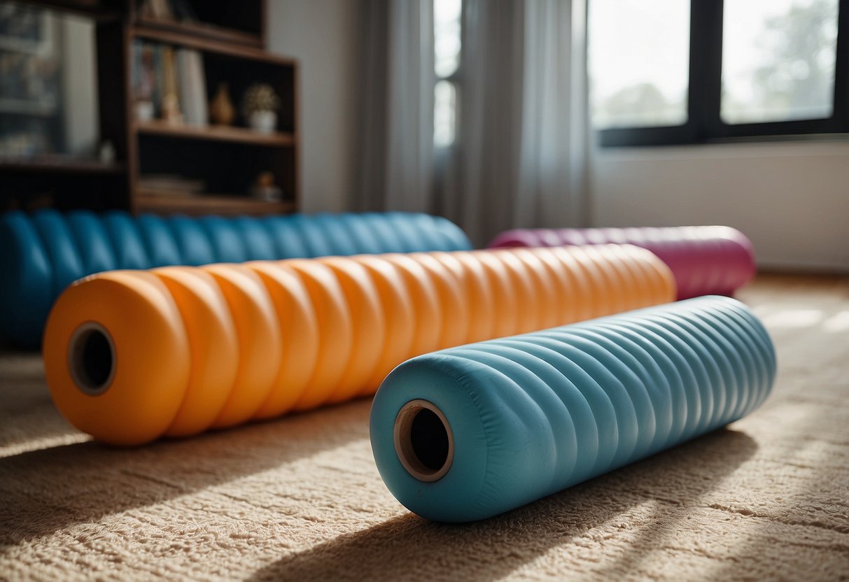 A foam roller sits on the floor next to a pair of kite flyers' shoes. The room is filled with natural light, creating a peaceful and serene atmosphere for post-flight muscle recovery