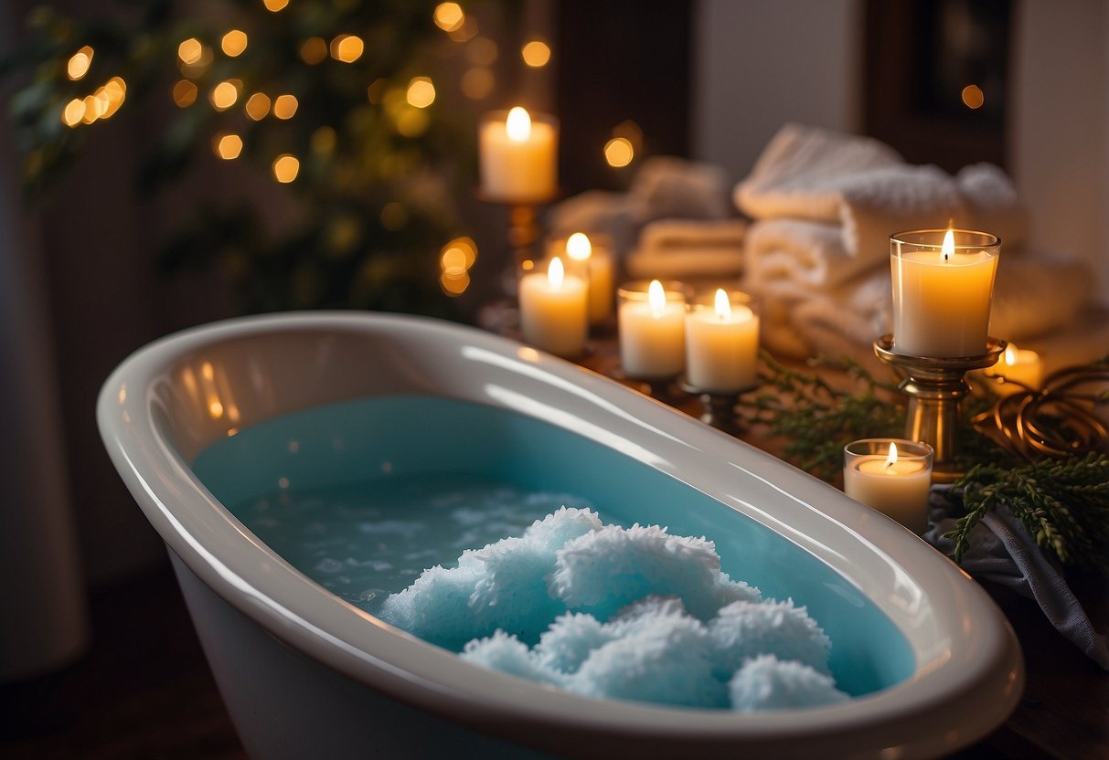 A bathtub filled with Epsom salt, surrounded by candles and a fluffy towel. A kite flying in the background, symbolizing post-flight recovery for kite flyers