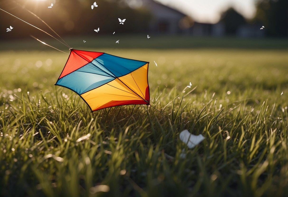 A kite resting on soft grass, surrounded by scattered music notes. A calm, serene atmosphere with hints of post-flight relaxation