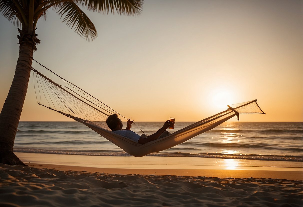 A serene beach at sunset, with a kite flying high in the sky, surrounded by calm waves and a gentle breeze. A figure is seen relaxing in a hammock, with a cooling drink nearby