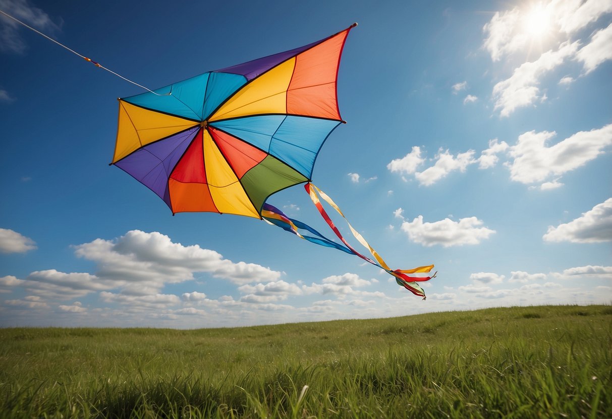A colorful kite soaring high above a grassy field, with a clear blue sky and fluffy white clouds in the background. A small picnic blanket with snacks and drinks spread out nearby, along with a journal and pen for jotting down thoughts and ideas