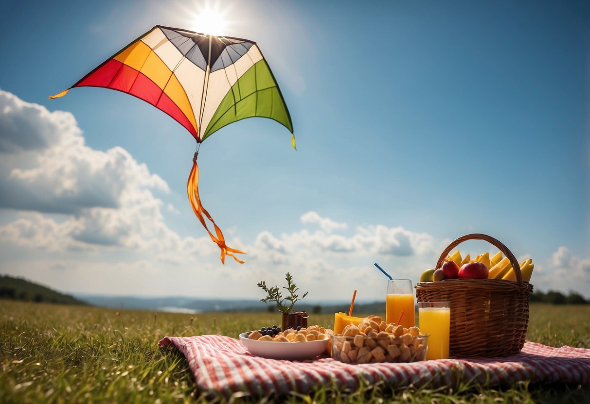 A colorful kite flying high in the sky, with a picnic blanket below holding a variety of snacks and drinks. The sun is shining, and the scene is peaceful and inviting