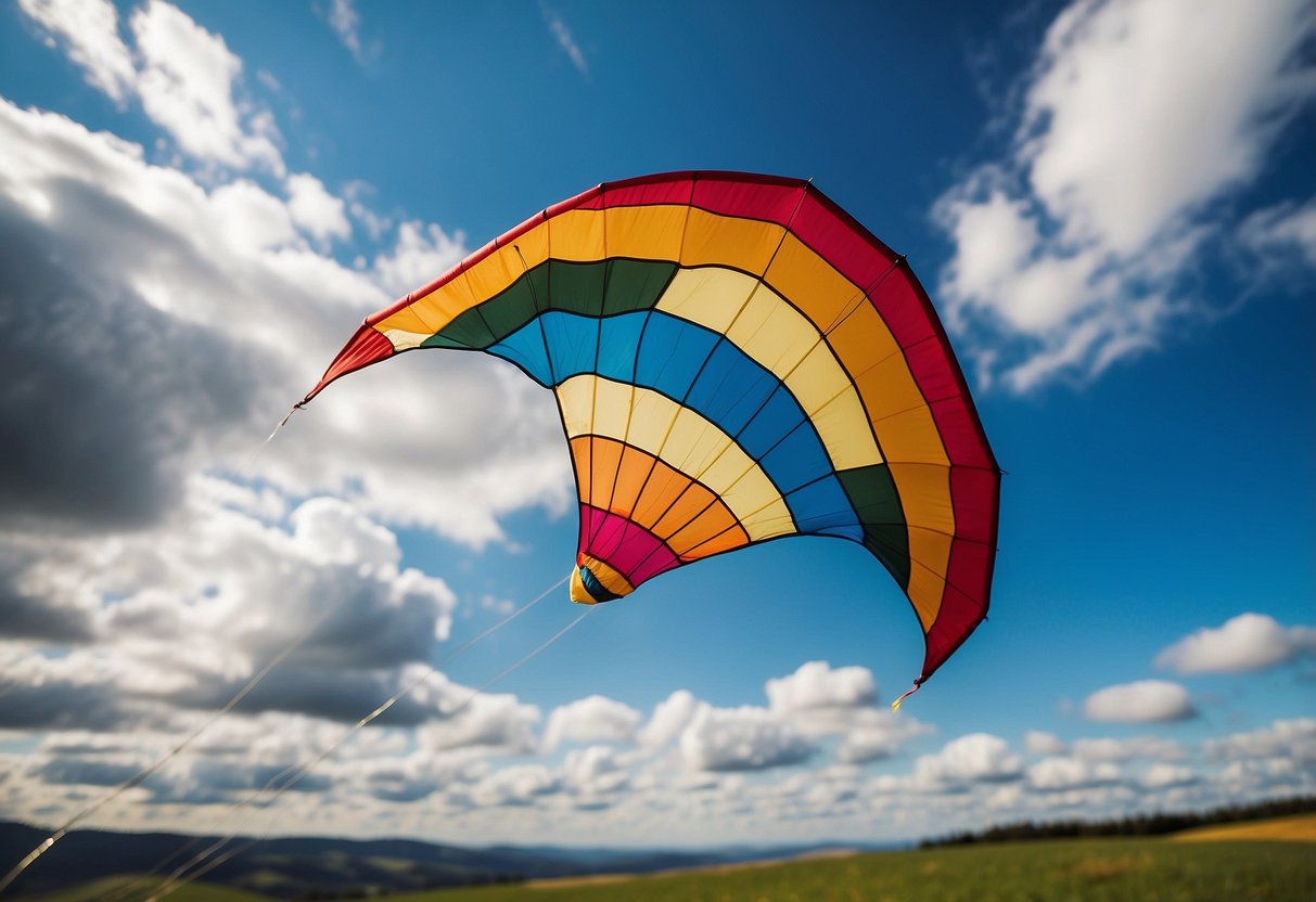 A colorful kite soars high in the sky, surrounded by fluffy white clouds. In the background, a vibrant landscape of rolling hills and a bright blue sky