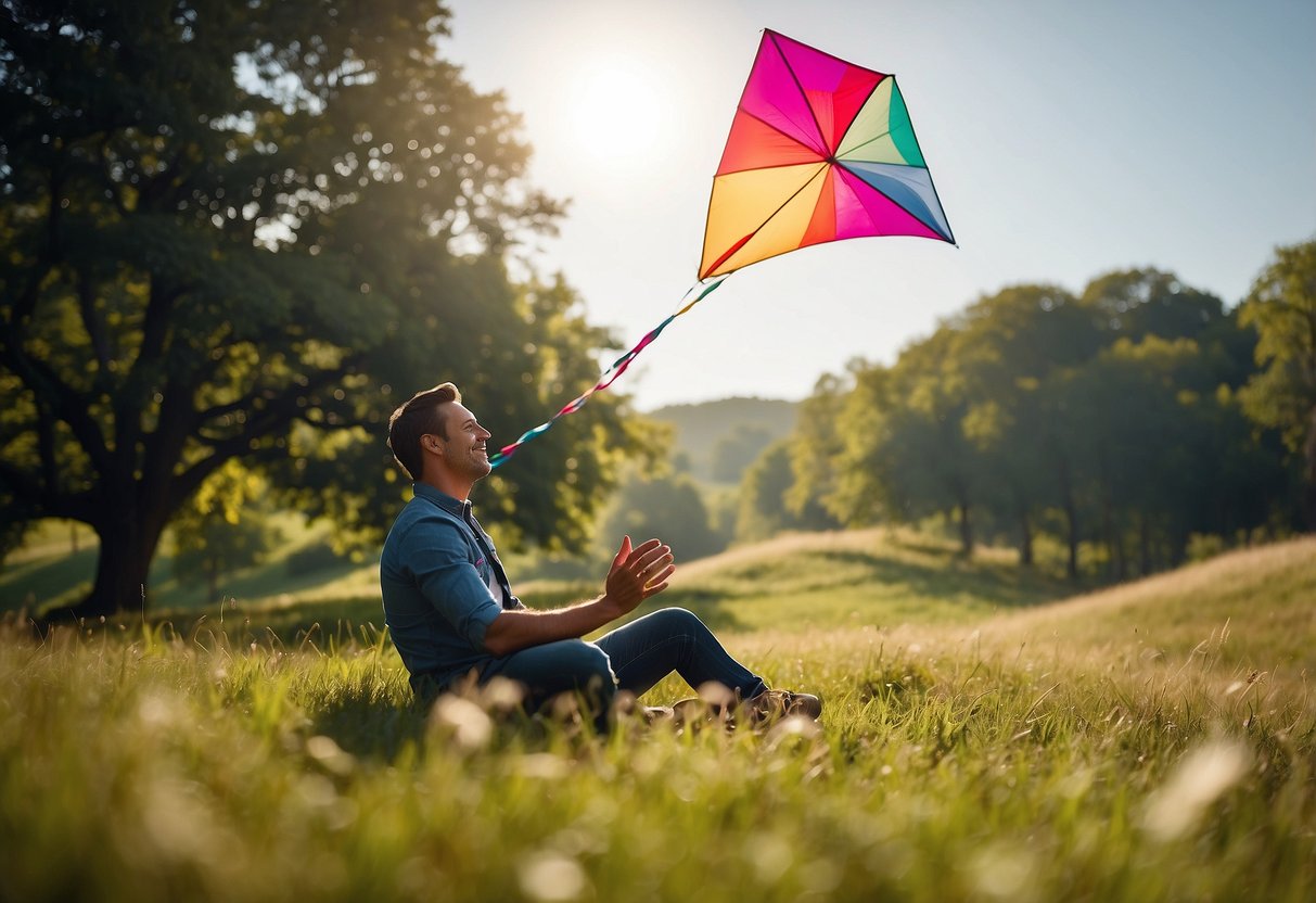 A person sitting on a grassy hill with a colorful kite flying high in the sky, surrounded by trees and a gentle breeze