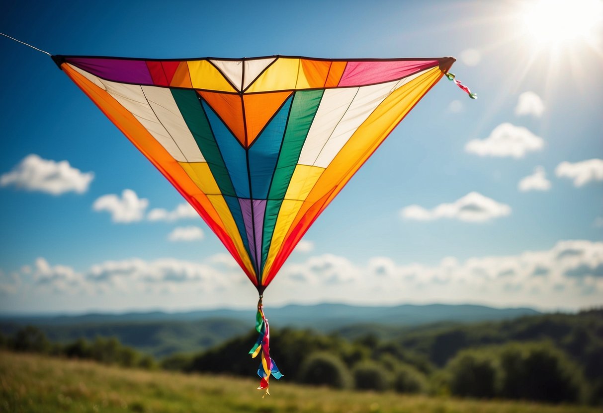 A colorful kite flying high in the sky, with a long, winding trail behind it. The sun is shining, and there are fluffy white clouds in the background