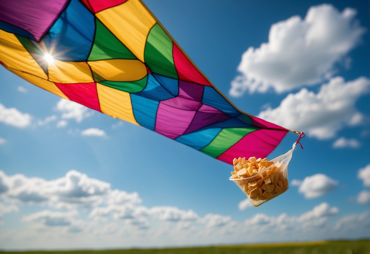 A colorful kite flying high in the sky, with a water bottle and snacks nearby. A sunny day with a gentle breeze, surrounded by open fields or a beach