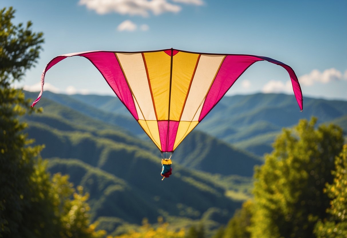 A colorful kite soars high in the sky, against a backdrop of rolling hills and a bright blue sky. The sun shines down, casting a warm glow on the scene