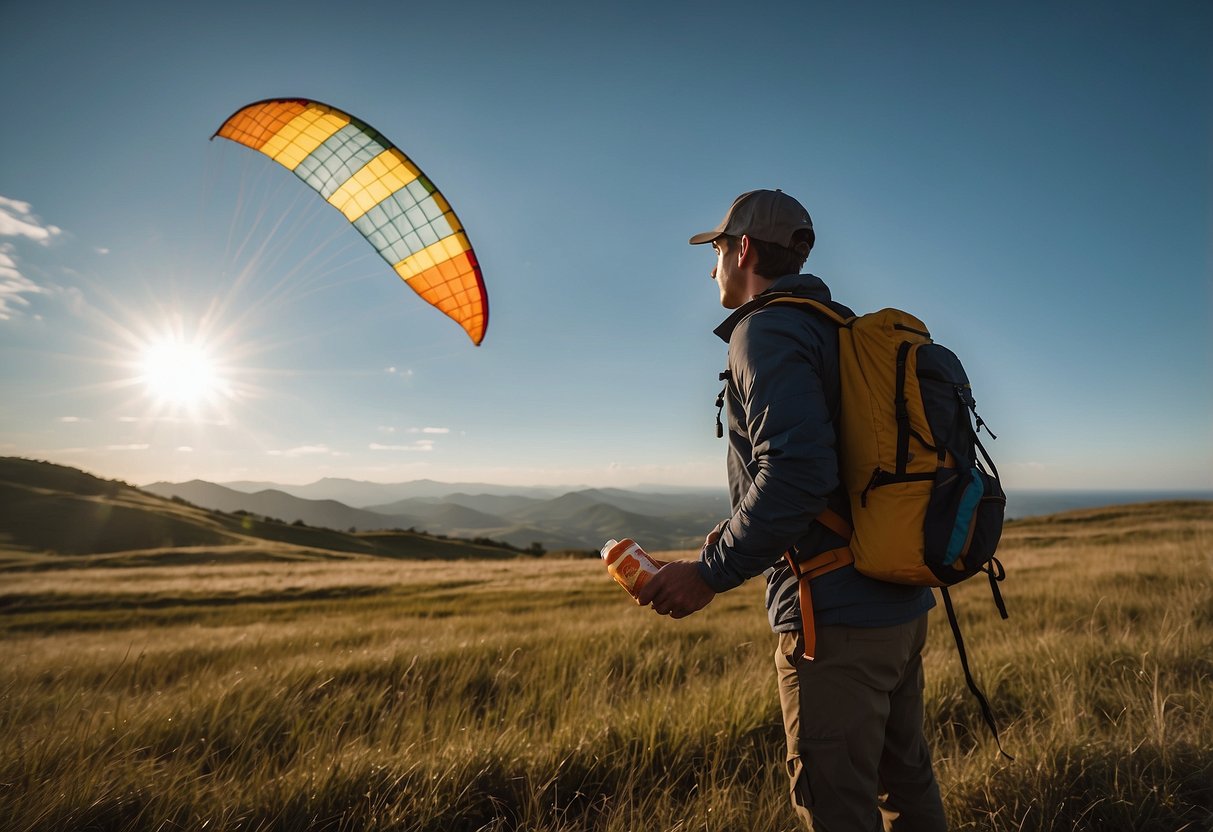 A kite flying enthusiast packs a bag with snacks, water, and sunscreen. They check the wind forecast and mentally prepare for a long day of flying