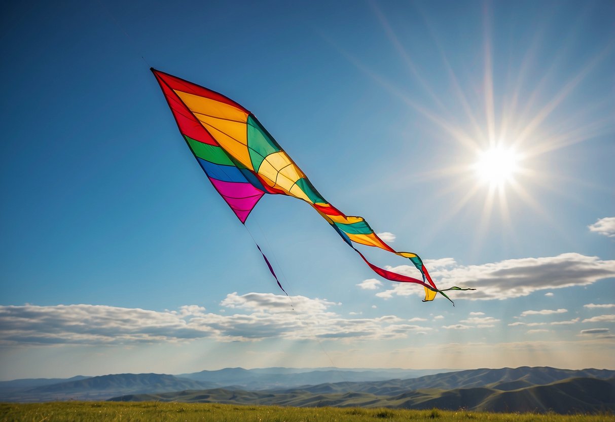 A colorful kite soars high in the sky, held steady by a strong and steady wind. The surrounding landscape is vast and open, with rolling hills and clear blue skies