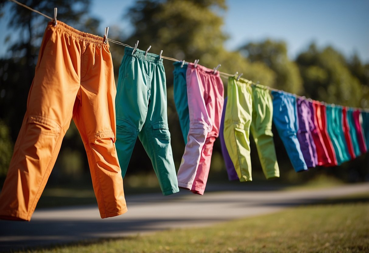 A colorful array of kite flying pants hanging on a clothesline, swaying gently in the breeze. Each pair exudes comfort and practicality, ready for a day of outdoor fun