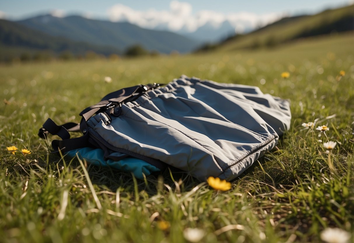 A pair of Columbia Silver Ridge Convertible Pants lays on a grassy field, with a colorful kite flying in the background