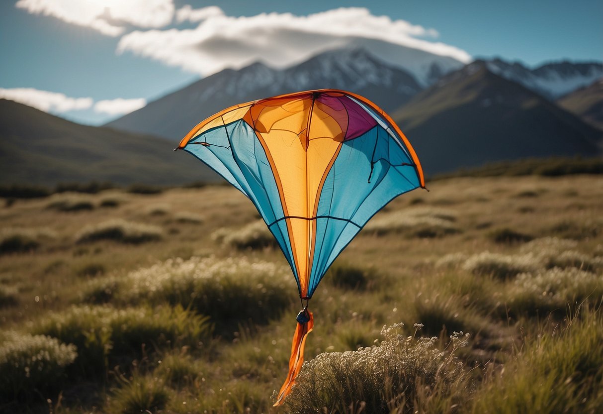 A pair of Patagonia Quandary Pants flutter in the wind as a colorful kite soars high above a grassy field