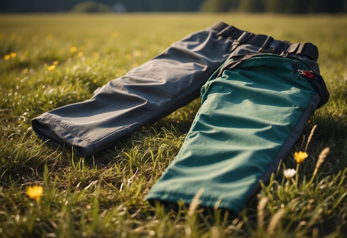 A pair of Outdoor Research Ferrosi Pants lying on a grassy field with a colorful kite flying high in the sky above