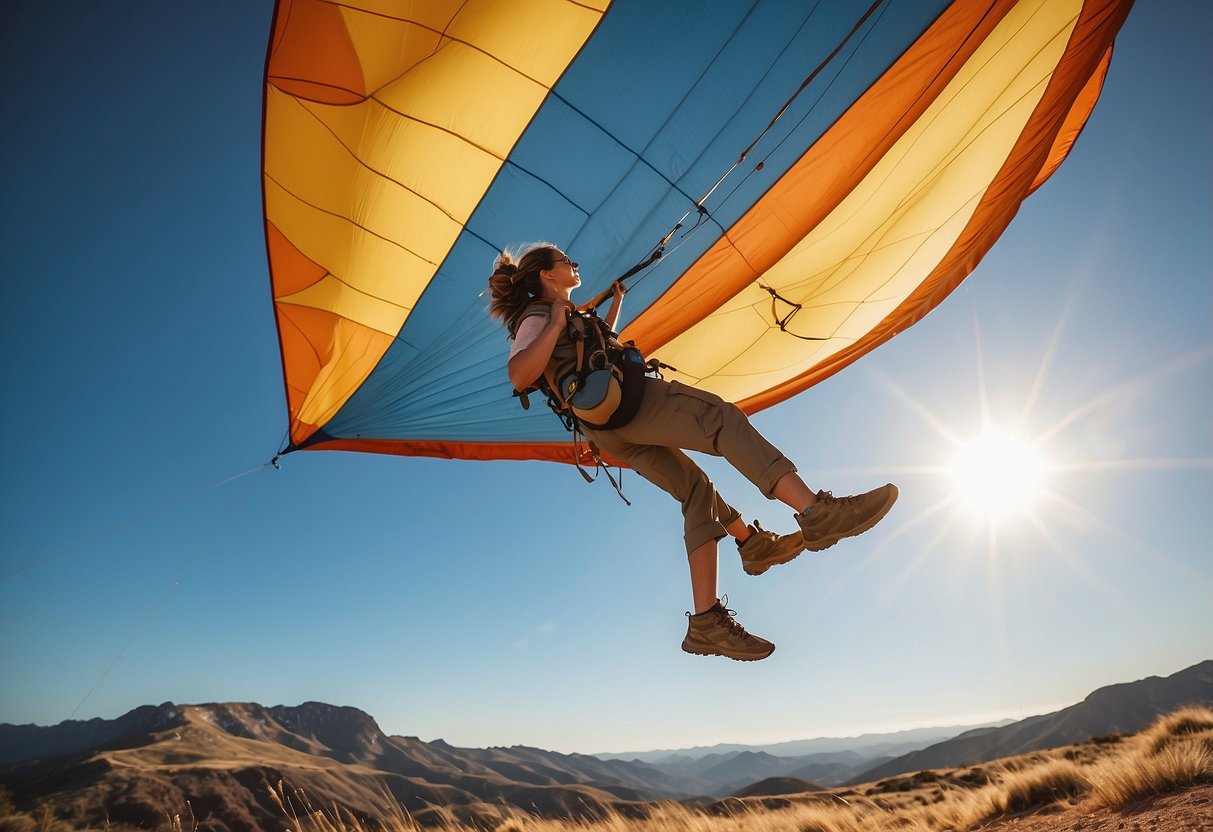 A pair of Kuhl Renegade Rock Pants flutter in the wind, tethered to a kite soaring high in the sky. The fabric billows and ripples, showcasing their comfort and durability