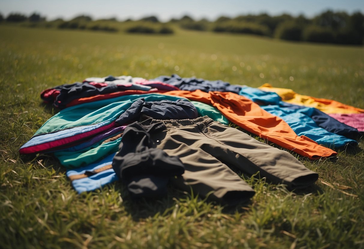 A pair of comfortable kite flying pants laid out with various options, surrounded by a selection of colorful kites in a sunny, open field