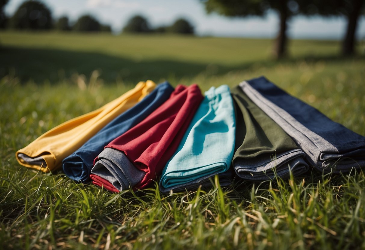 A pair of colorful, lightweight pants lies on a grassy field next to a neatly folded kite. The pants are designed for comfort and freedom of movement, with reinforced stitching and adjustable waistband