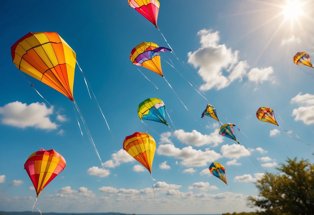 Colorful kites soaring in the sky, controlled by various apps on smartphones. Wind blowing, people enjoying the outdoor activity