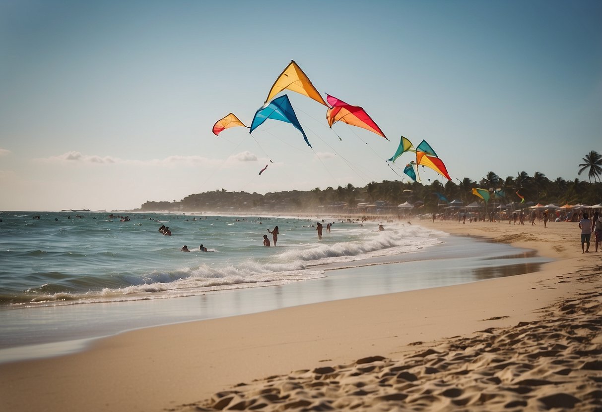 A beach with colorful kites flying high above the water, while people use their smartphones to check the Kitesurf Calculator app