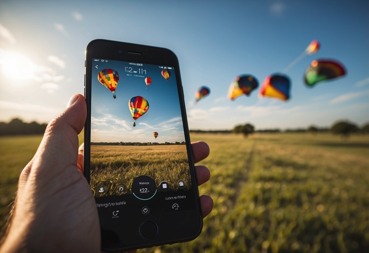 A smartphone screen displays 10 kite flying apps. A hand holds a kite launcher. The sky is clear and sunny, perfect for flying kites