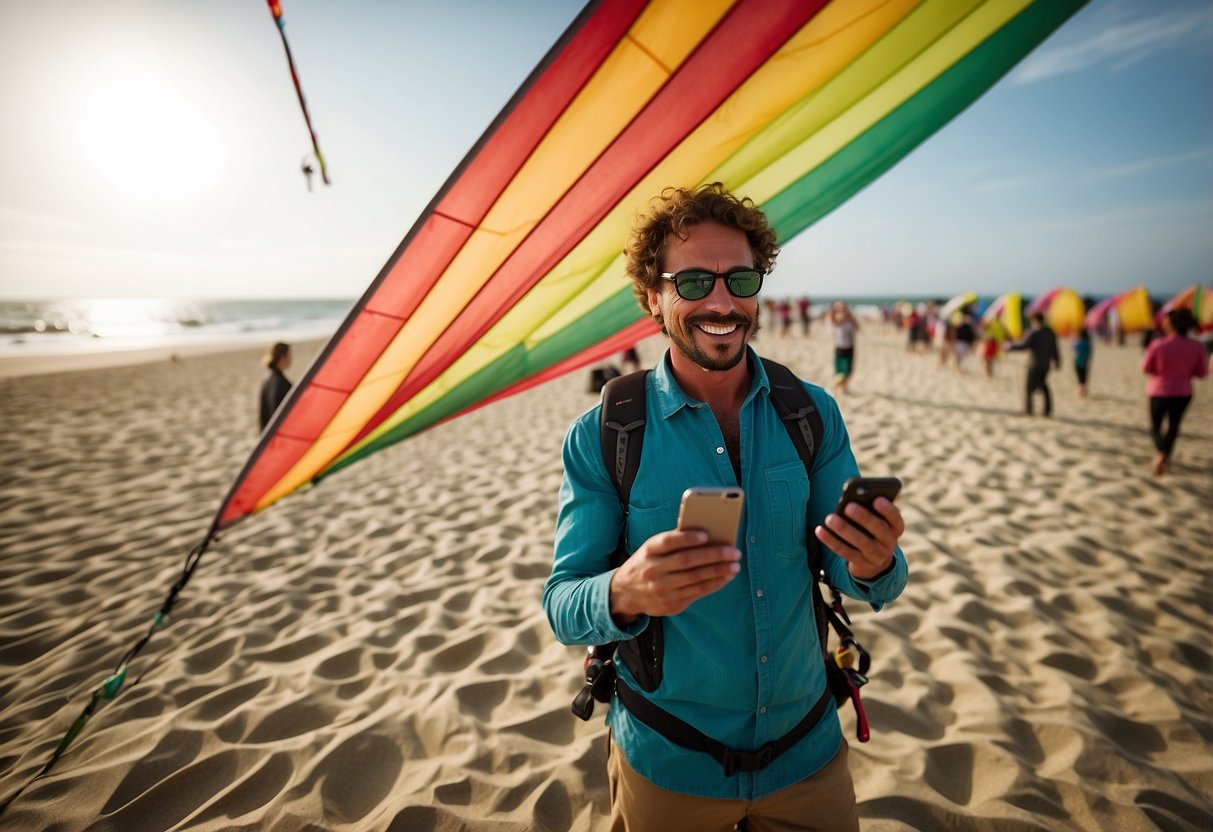 A kiteboard coach holds a smartphone displaying "10 Best Apps for Kite Flying" while standing on a beach with colorful kites flying in the background