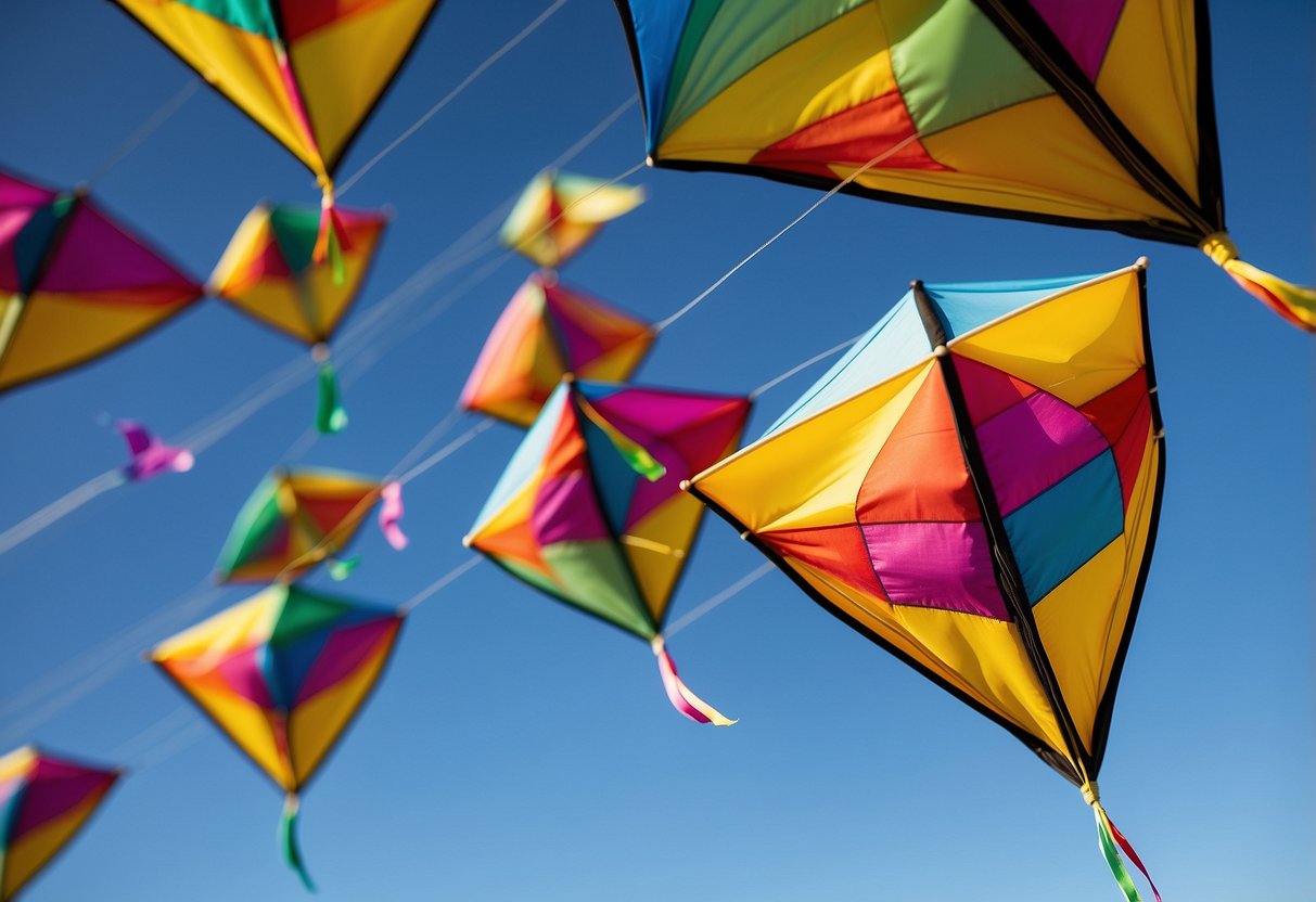 A colorful kite soaring through the clear blue sky, with a smartphone displaying "Kite Loop 10 Best Apps for Kite Flying" in the background