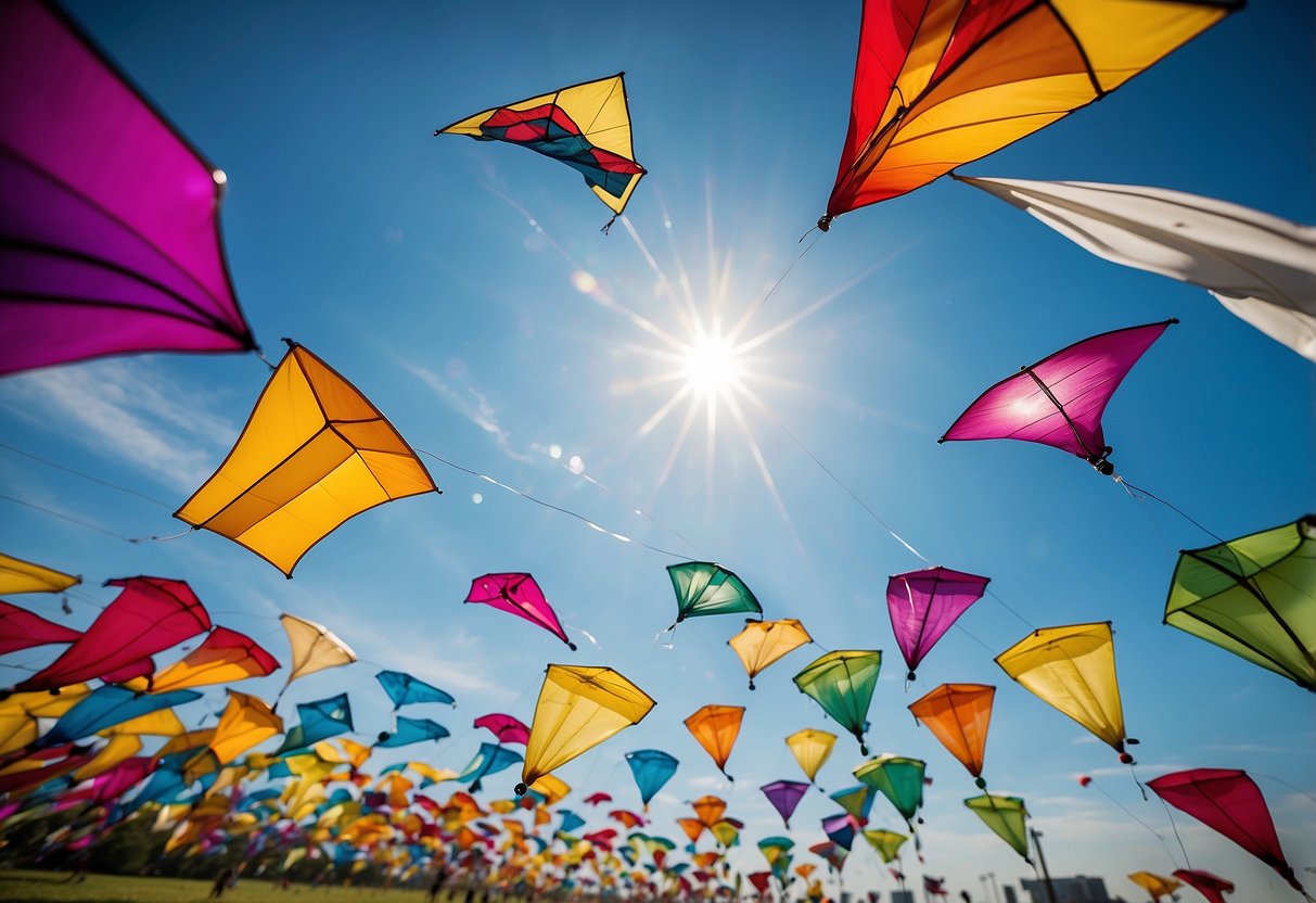 Colorful kites soar high in the sky, each displaying unique shapes and designs. A smartphone with kite-flying apps is visible in the corner