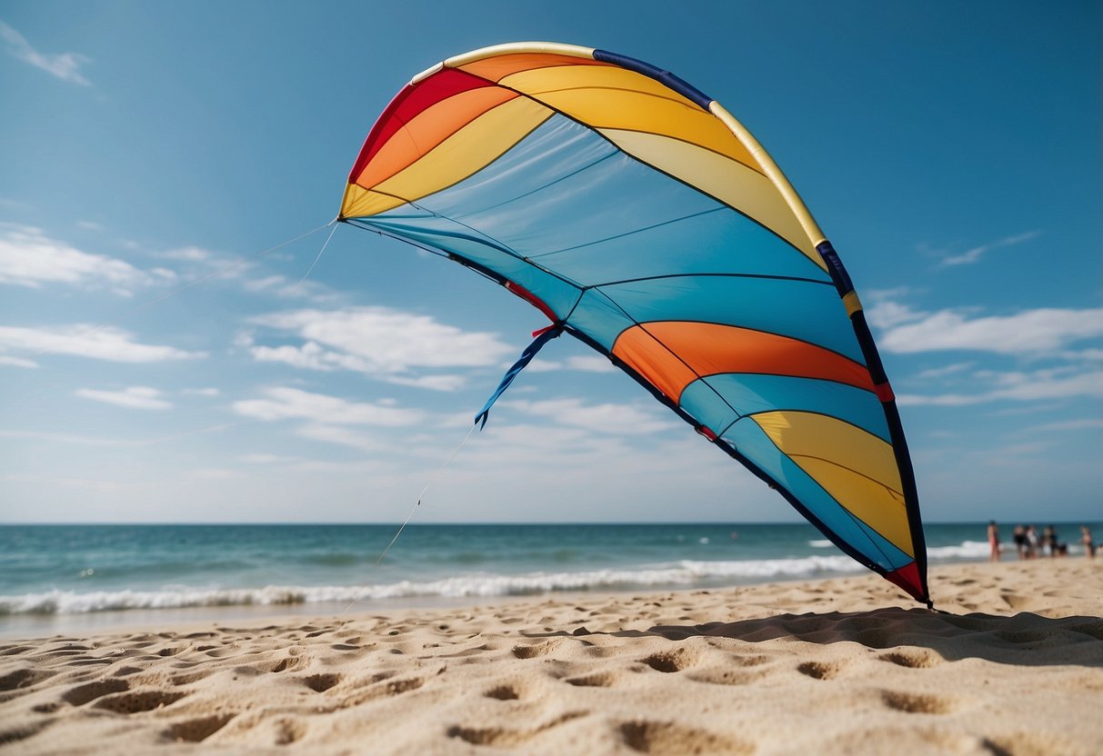 A beach with vast, sandy stretches, clear blue skies, and gentle ocean waves, perfect for kite flying