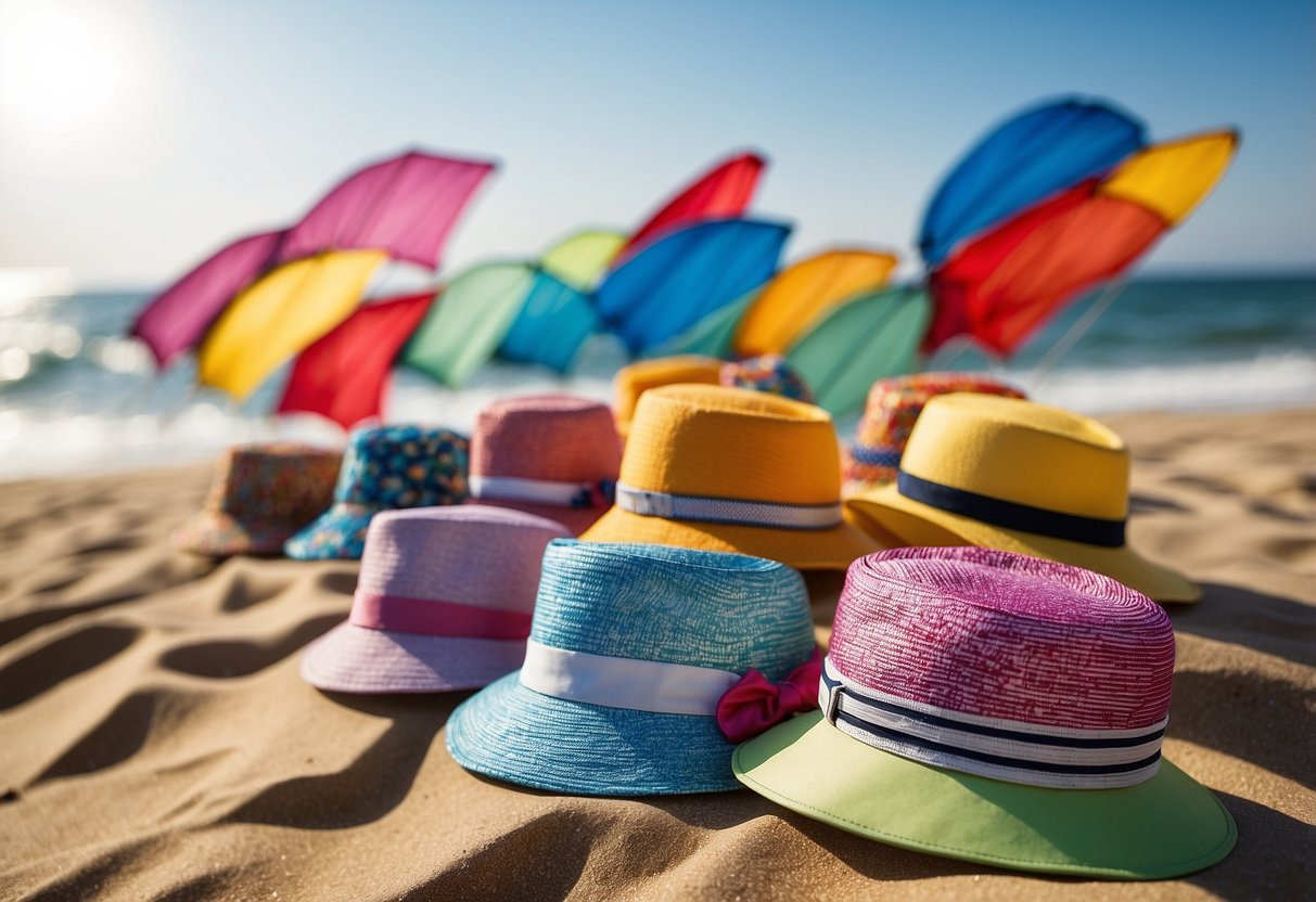 A group of colorful lightweight kite flying hats for women, displayed on a sunny beach with a clear blue sky in the background