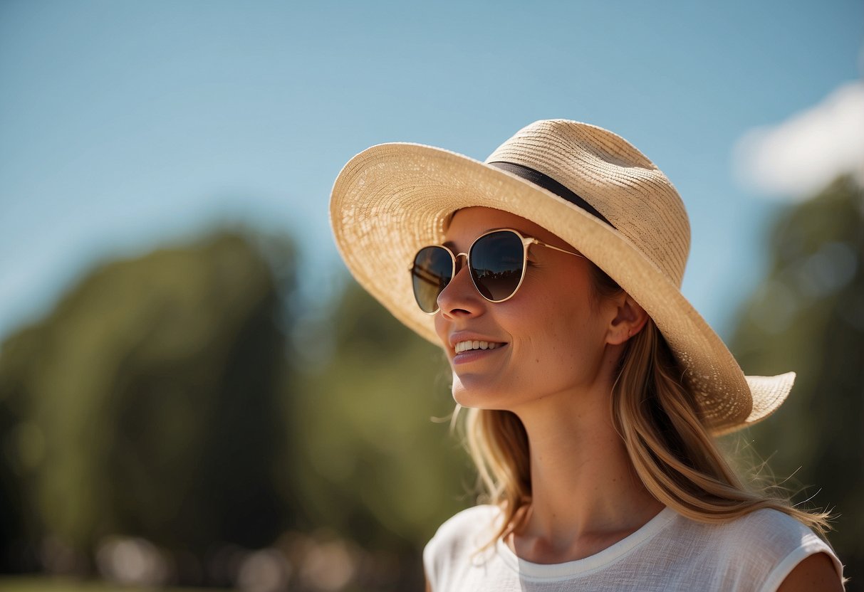 A bright, sunny day with a blue sky and a gentle breeze. A woman's hat with UV protection is flying high in the air, lightweight and colorful