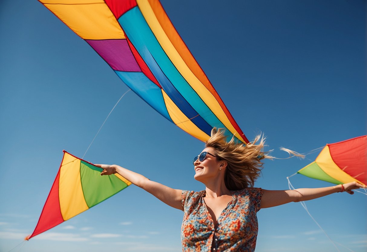 A woman's kite hat flying gracefully in the wind, lightweight and colorful against a clear blue sky