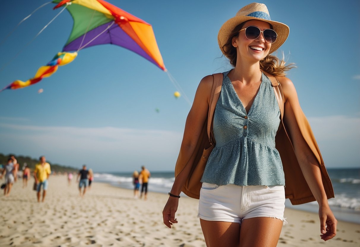 A sunny day at the beach, with a colorful kite flying high in the sky. A woman wearing a FeatherLite Breezy Hat is smiling as she watches the kite soar