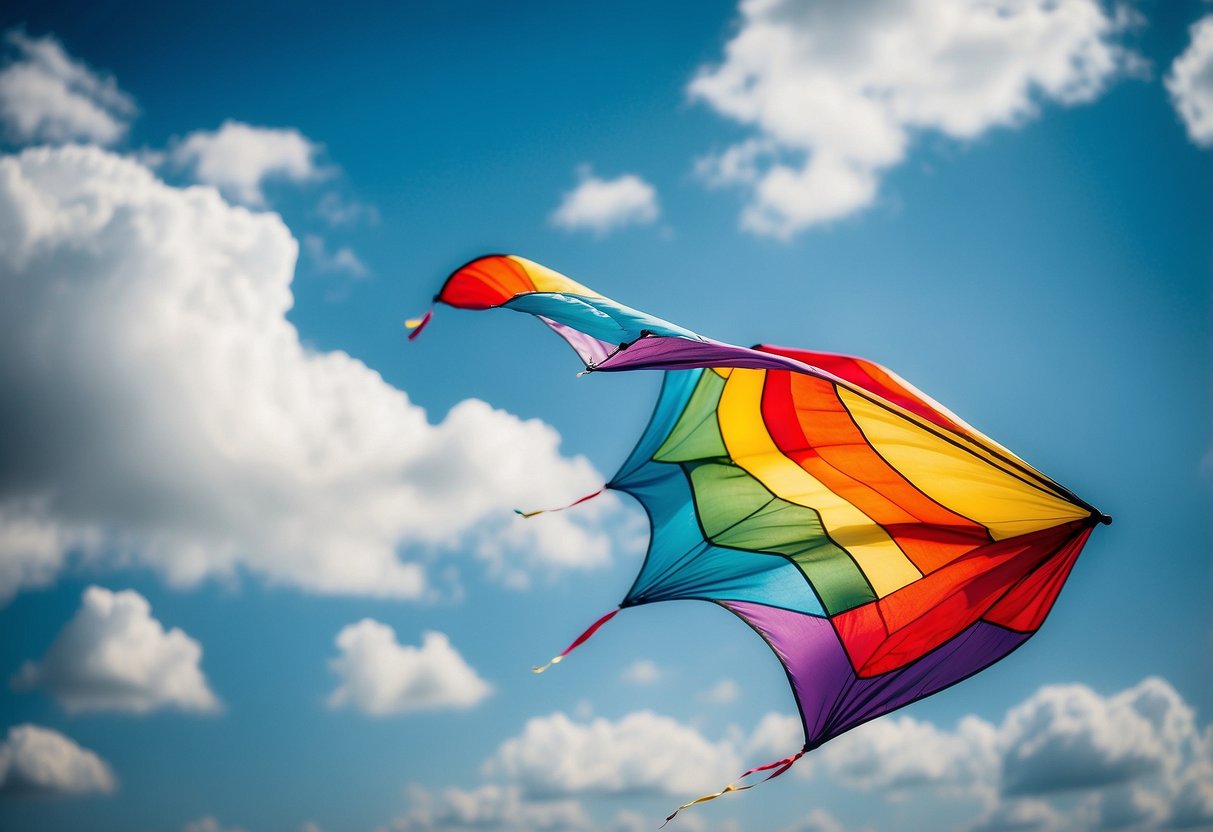 A colorful kite flying high in the sky, with a lightweight racer cap flying off in the wind