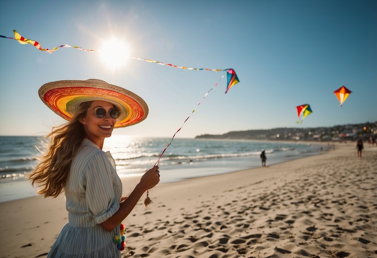 A sunny, breezy day at the beach. A woman in a wide-brimmed hat flies a colorful kite, with the ocean in the background