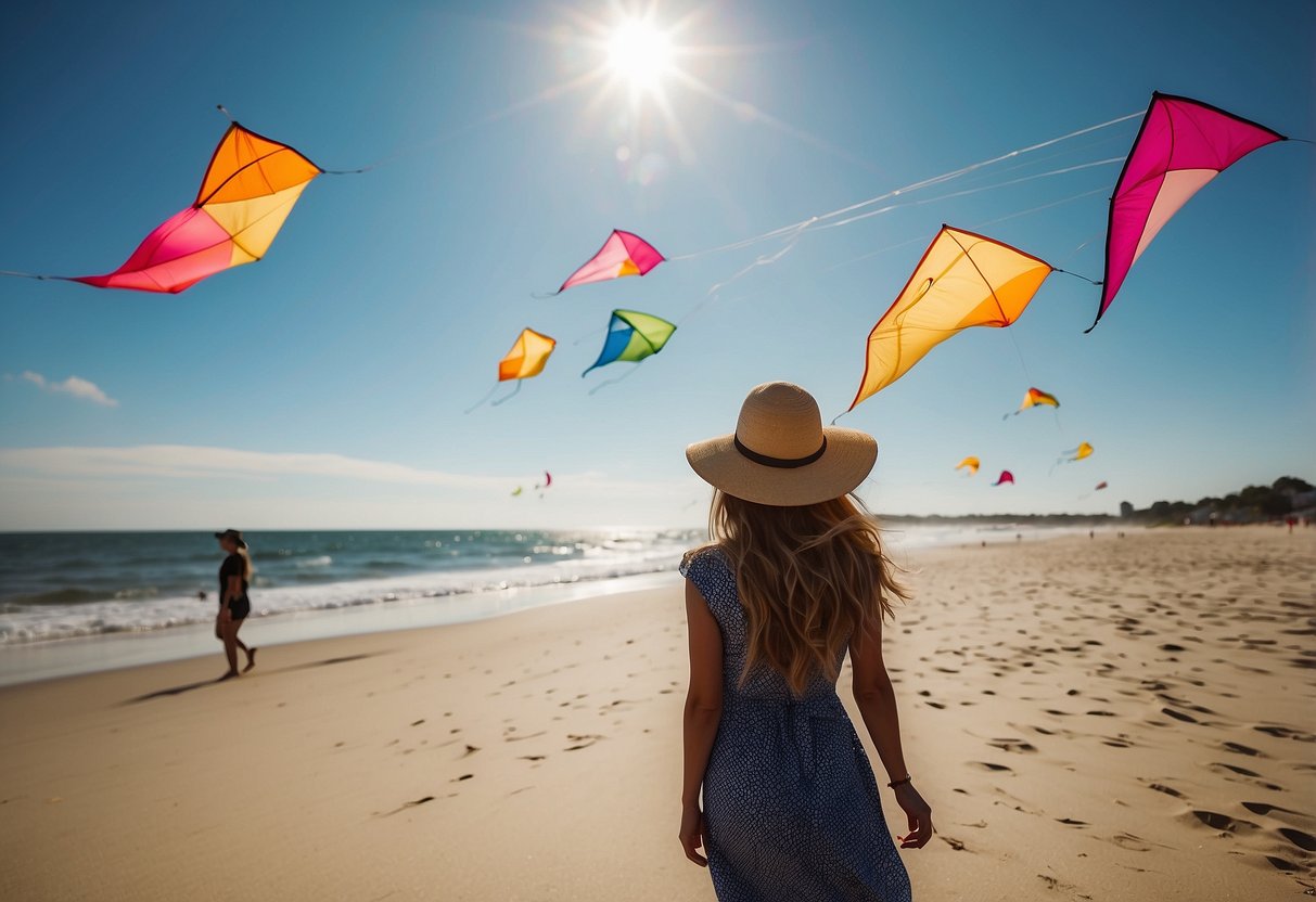 A sunny day at the beach with colorful kites flying high, women wearing lightweight hats to shield from the sun
