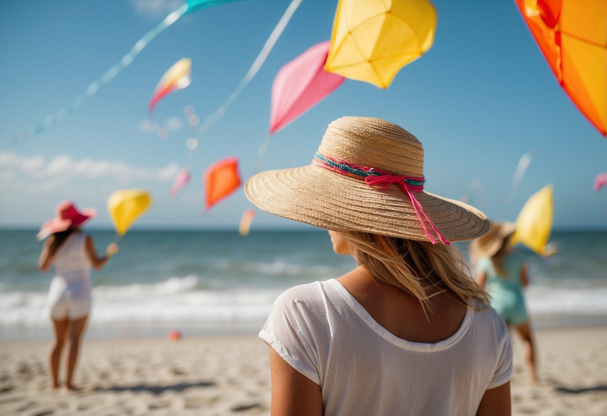 A sunny beach with women wearing lightweight hats, flying kites. Wind blowing, hats staying secure. Bright colors and patterns on hats