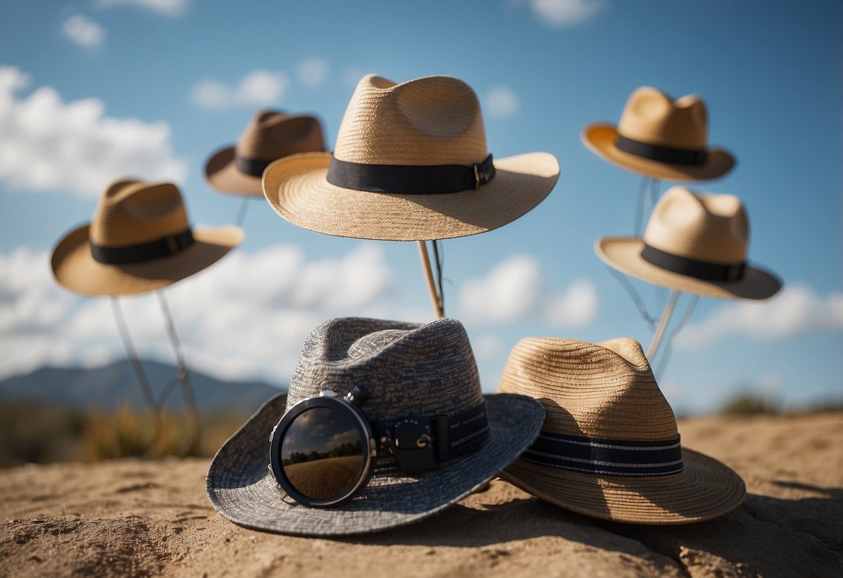 Five stylish hats displayed with kite flying gear. Tips for care and maintenance included