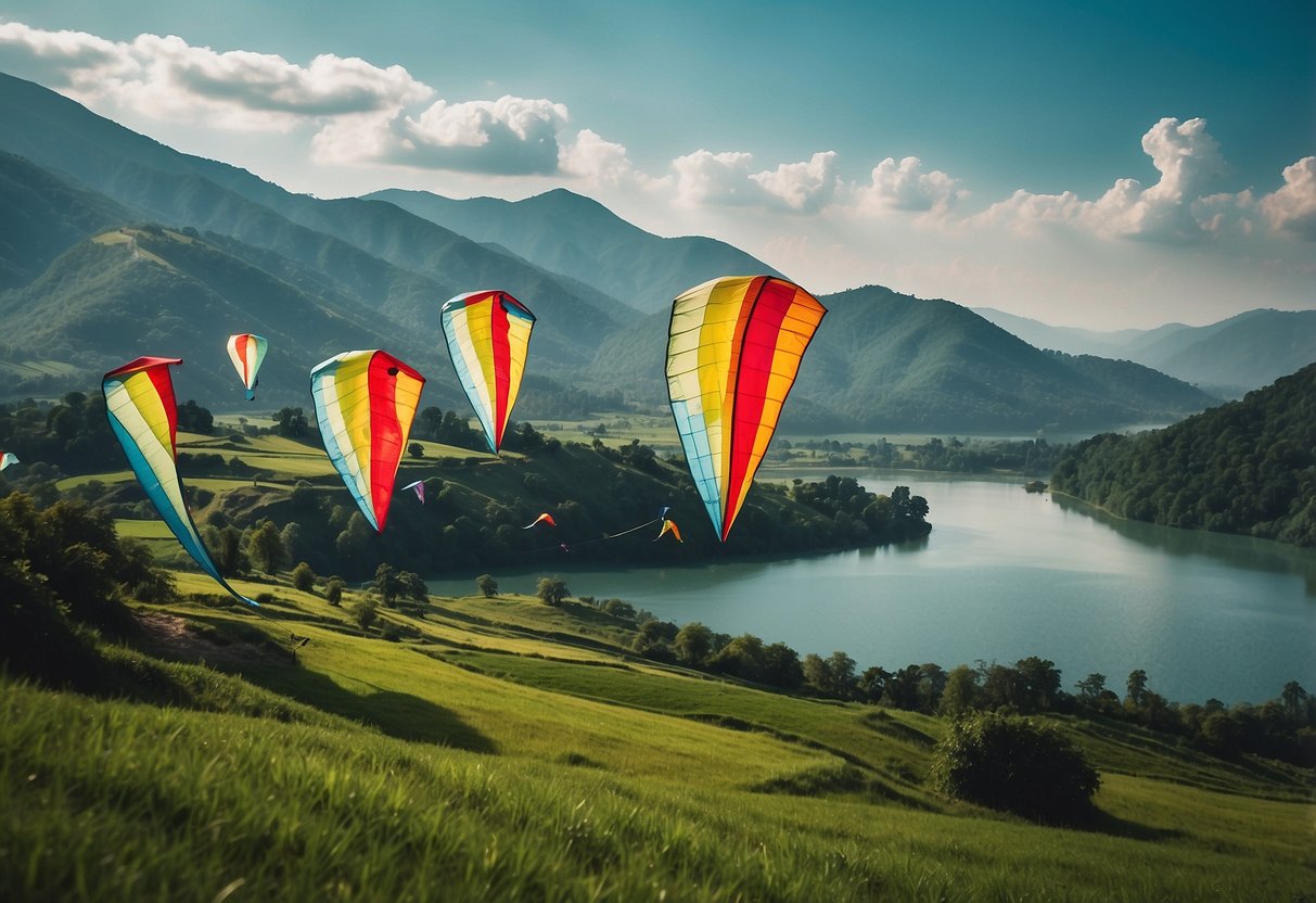 Kites soar above lush green hills and serene lakes, with colorful designs dancing against the clear blue sky