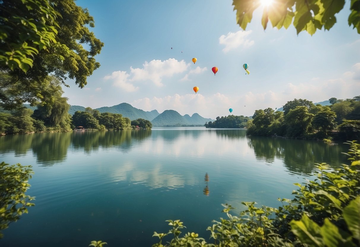 West Lake, China: serene waters, lush greenery, colorful kites soaring in the clear blue sky, creating a picturesque scene for an illustrator to recreate