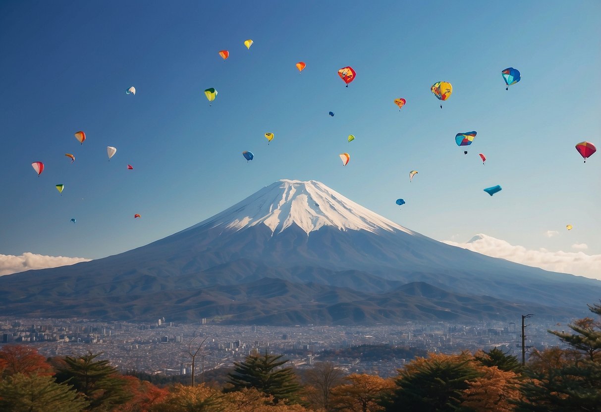Mount Fuji stands majestically in the background as colorful kites soar through the clear blue sky along scenic routes in Japan
