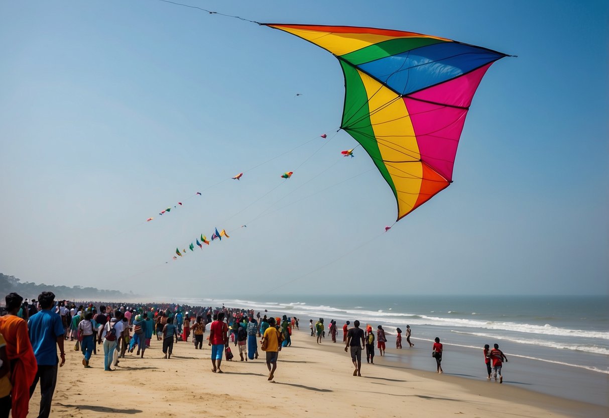 Overlooking Cox's Bazar, colorful kites soar through the clear blue sky, gliding along the scenic coastline of Bangladesh
