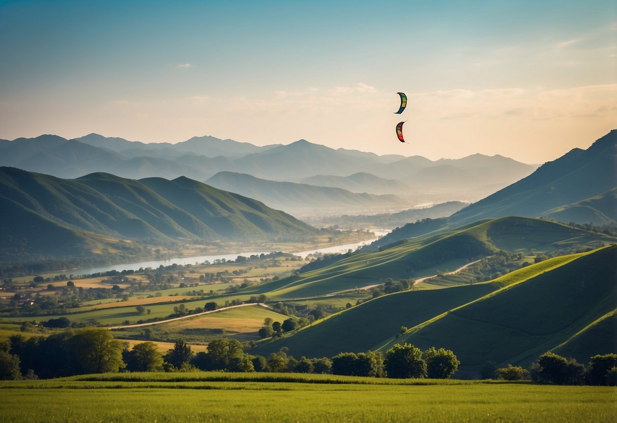 Colorful kites soar above lush green fields and winding rivers, with mountains in the distance. A clear blue sky provides the perfect backdrop for kite flying enthusiasts