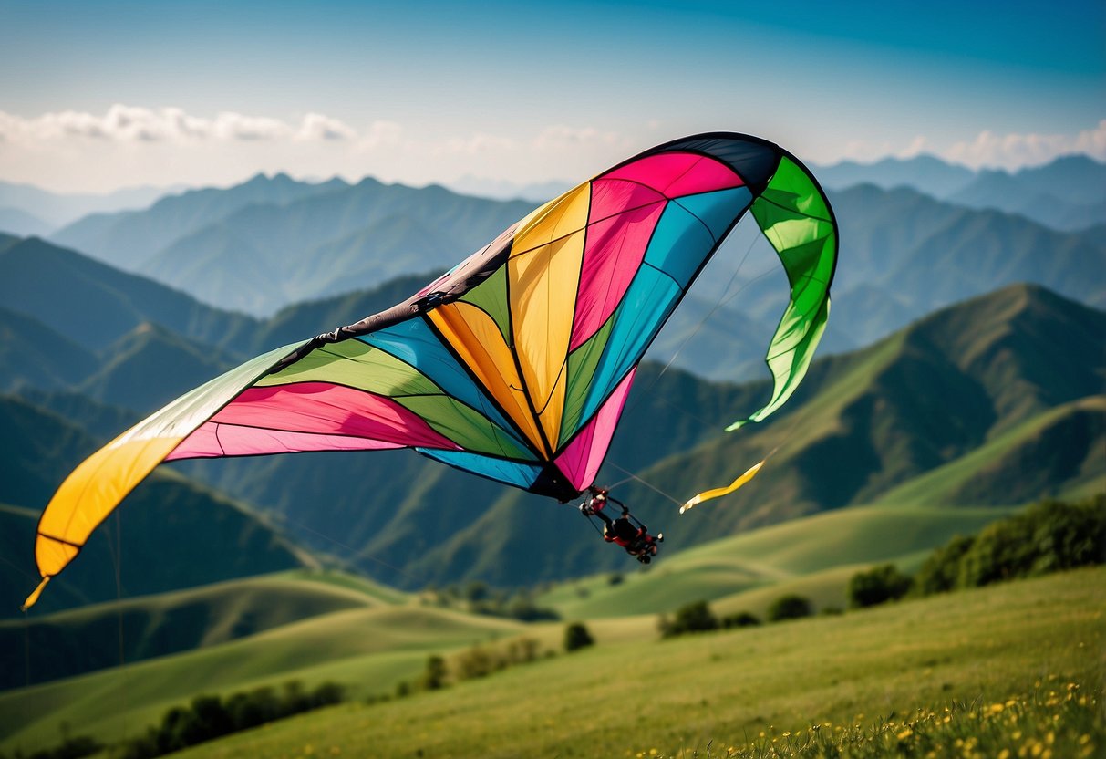 Vibrant kites soar above lush green fields and rolling hills, against a backdrop of majestic mountains and clear blue skies in Asia