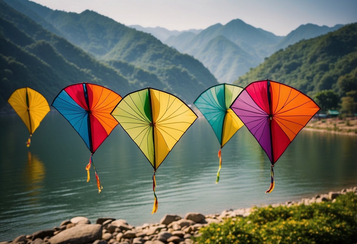Vibrant kites soar against a backdrop of lush mountains and serene rivers, symbolizing the cultural significance of kite flying in Asia
