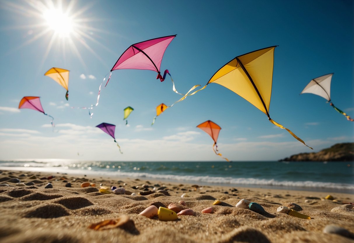 Colorful biodegradable kites soar above a clean beach, with waste bins nearby. The sun shines as families enjoy eco-friendly kite flying