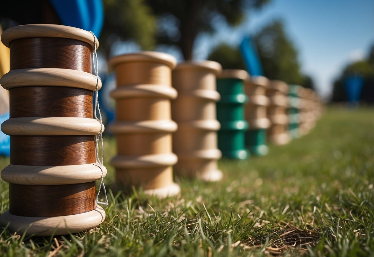 Wooden spools arranged neatly beside a kite, with trash bins nearby. Blue sky and green grass in the background