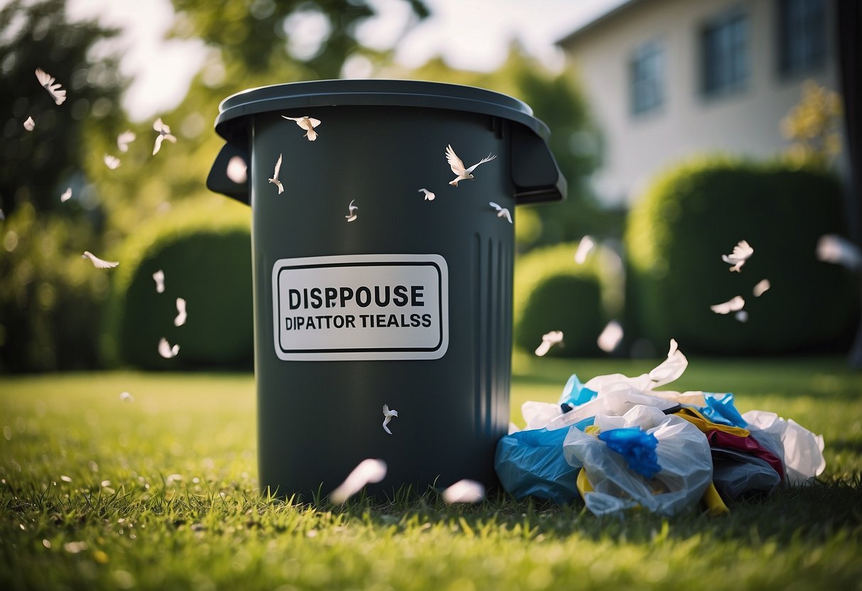 A trash can with a "Dispose of Waste Properly" sign, surrounded by scattered kite flying materials and clean surroundings