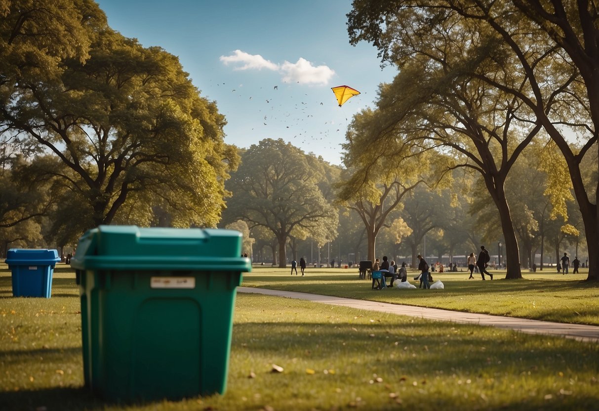 A scene of a kite flying over a clean park with separate bins for recyclables and non-recyclables, and people disposing of waste responsibly