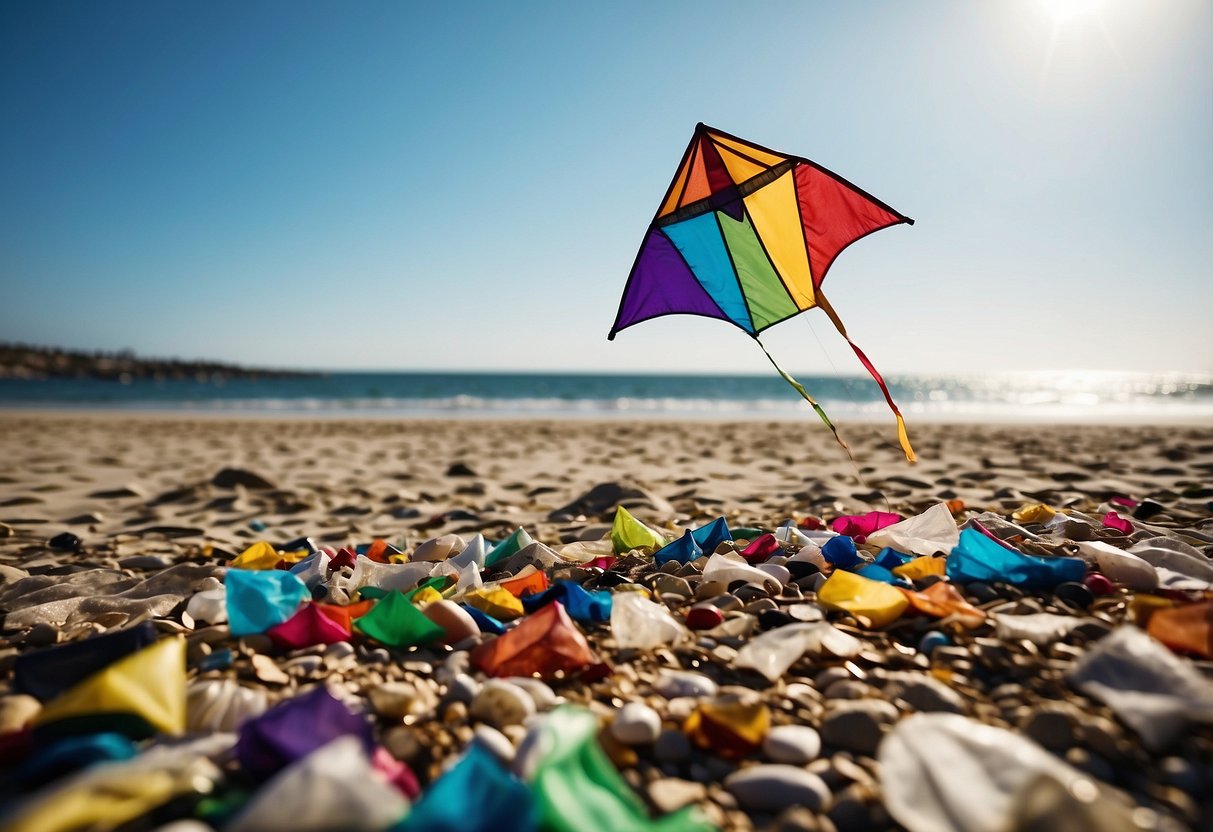 A colorful kite made from recycled materials soars above a clean beach, surrounded by bins for waste separation. Eco-friendly tips are displayed nearby