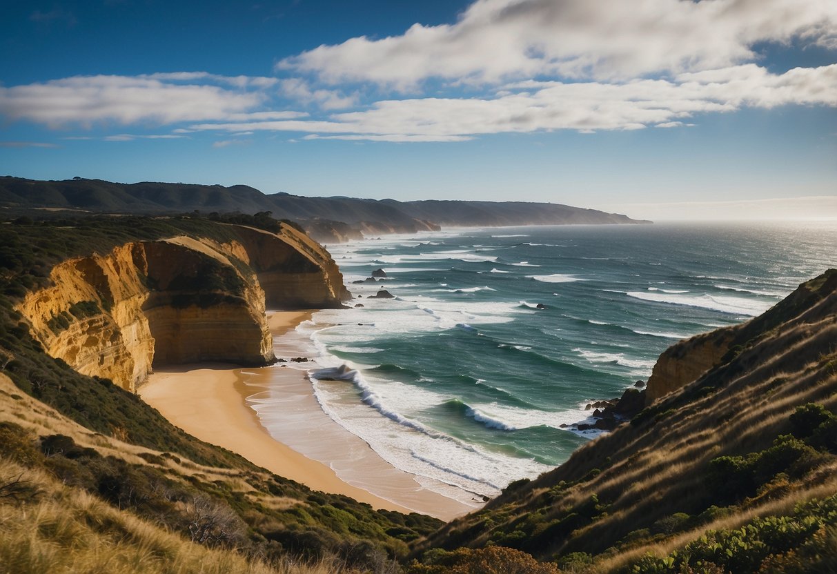 Rolling hills meet the rugged coastline, where colorful kites dance in the wind above the pristine beaches of the Great Ocean Road, Victoria